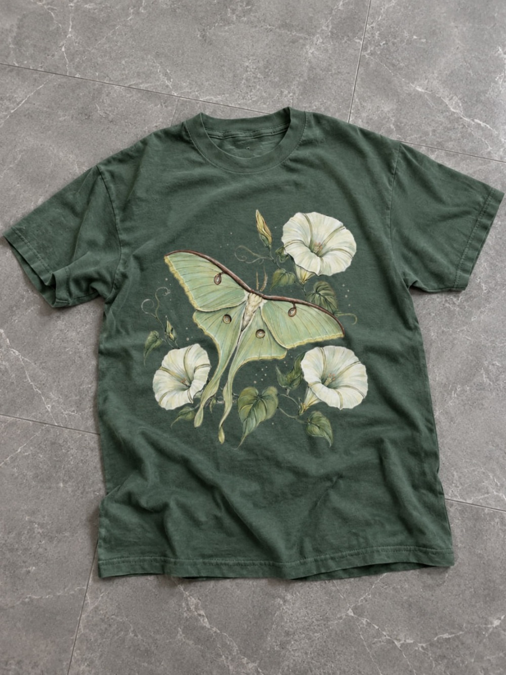 Luna Moth Floral Gildan Forest Green Graphic Tee